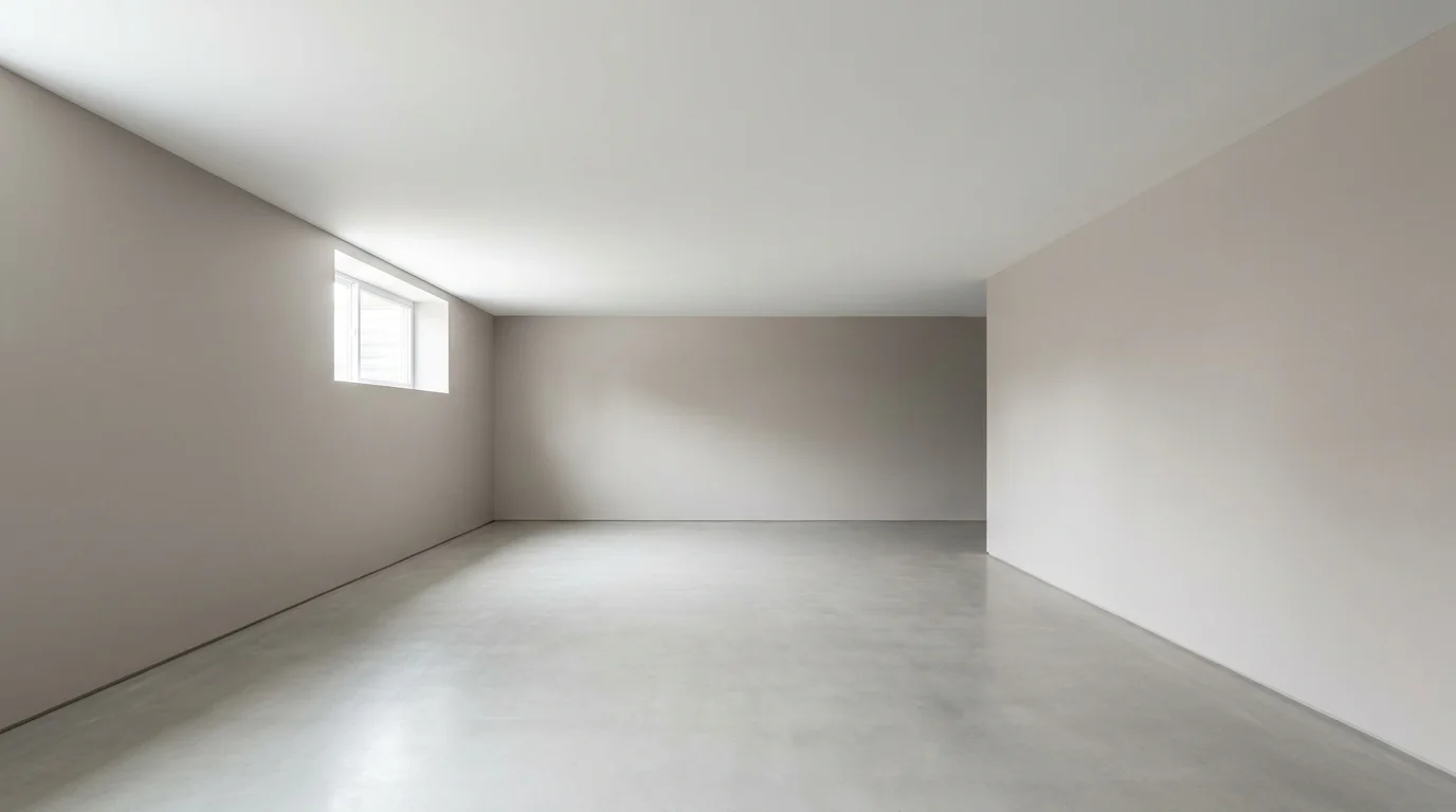 An empty, finished basement with smooth, closed ceilings and neutral walls, illuminated by natural daylight from a small window.