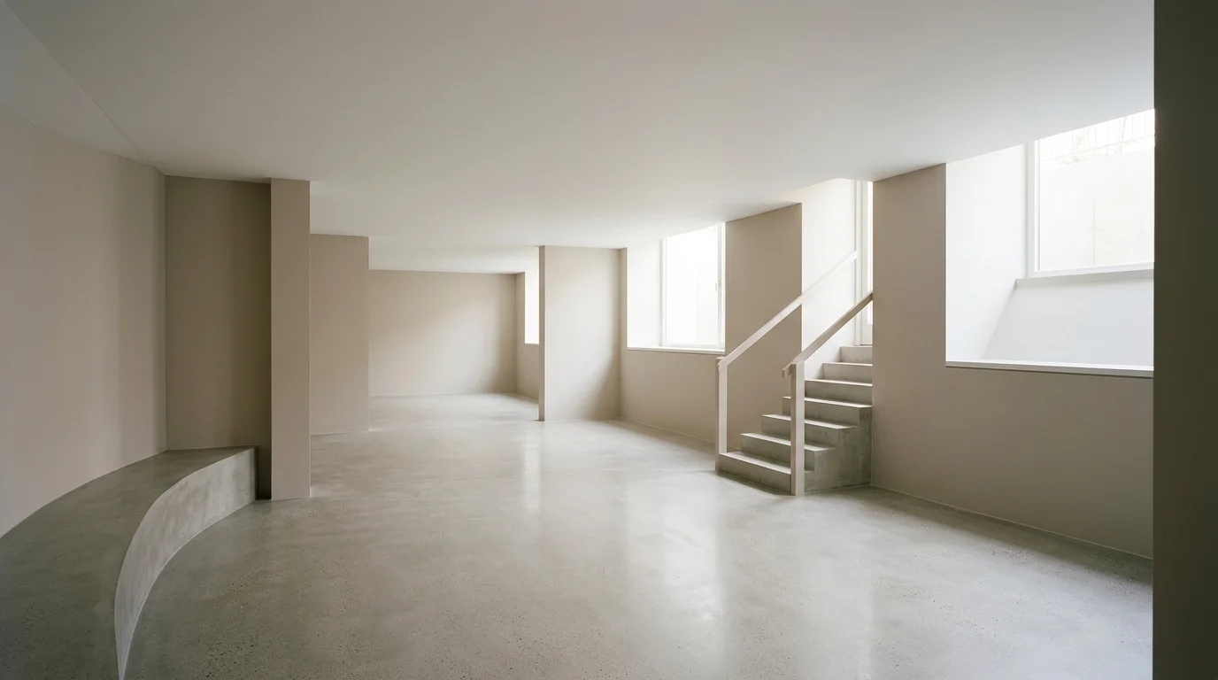 An empty, finished basement room with smooth, painted walls, a clean floor, and a completely smooth, closed ceiling, illuminated by natural daylight.