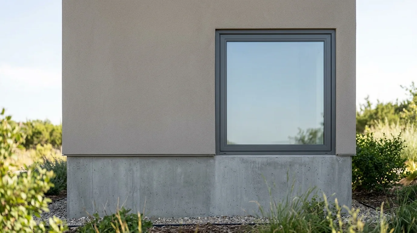A tightly cropped exterior view of a closed window set into a house foundation, showing a smooth wall and no visible pipes or external fixtures, under natural daylight.