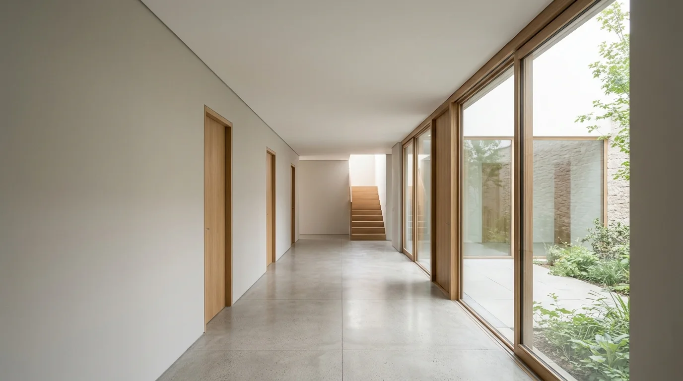 A clean, finished hallway inside a modern home, featuring a smooth, closed ceiling and neutral walls, lit by natural daylight.