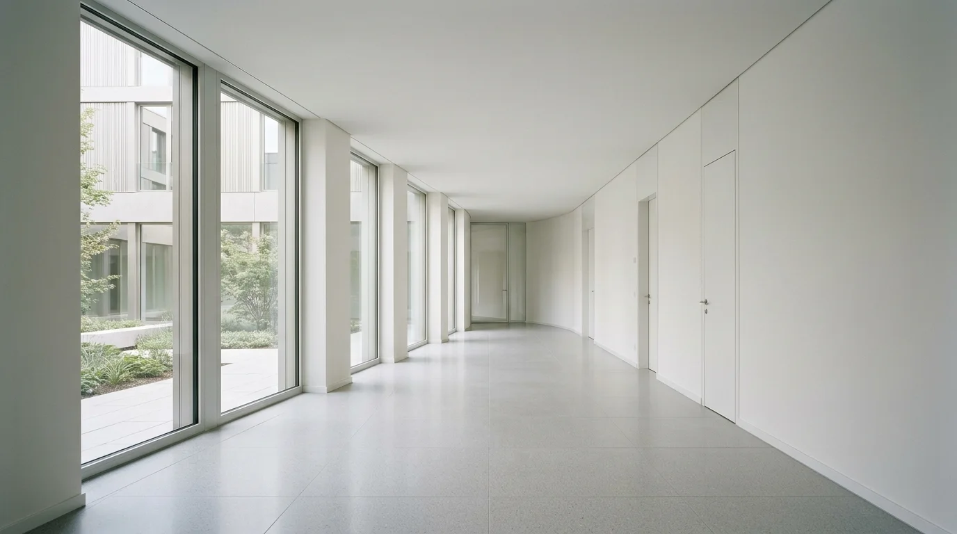 A finished interior hallway with smooth, painted walls, a clean floor, and a completely smooth, closed ceiling, illuminated by natural daylight.