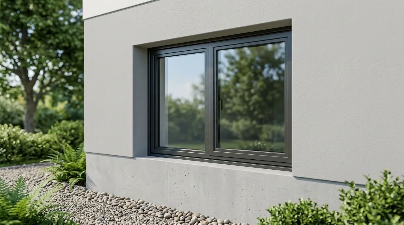 A tightly cropped exterior view of a closed window integrated into a clean house foundation, bathed in natural daylight.