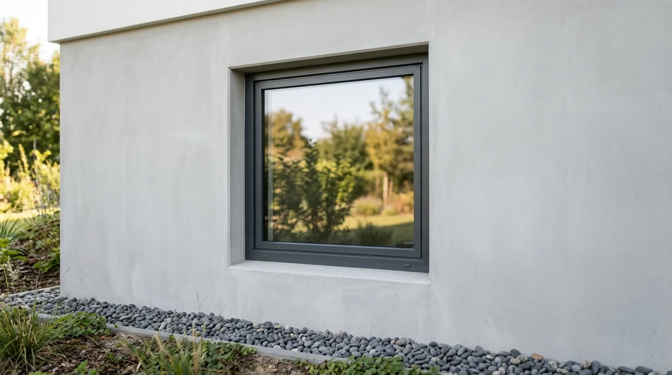 A tightly cropped detail of a closed window in a clean, well-maintained house foundation, lit by daylight.