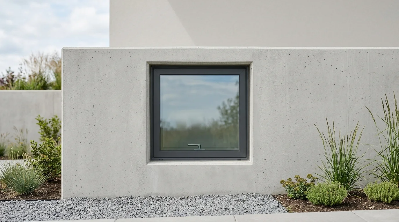 A tightly cropped exterior view of a closed window, showing its integration into a clean, well-maintained house foundation under natural daylight.