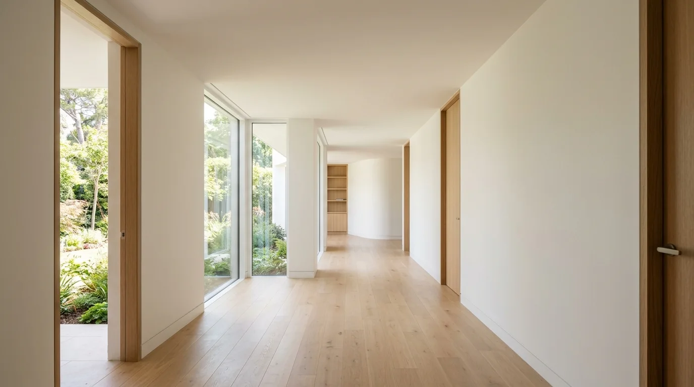 A clean, finished interior hallway with smooth, closed ceilings and neutral-colored walls, brightened by natural daylight.
