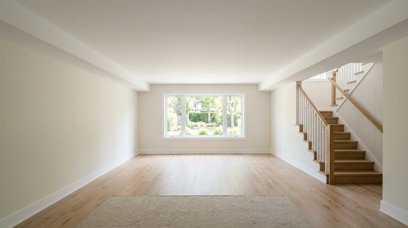 An empty, clean, and finished basement room with smooth, closed ceilings and walls, illuminated by natural daylight from a window.