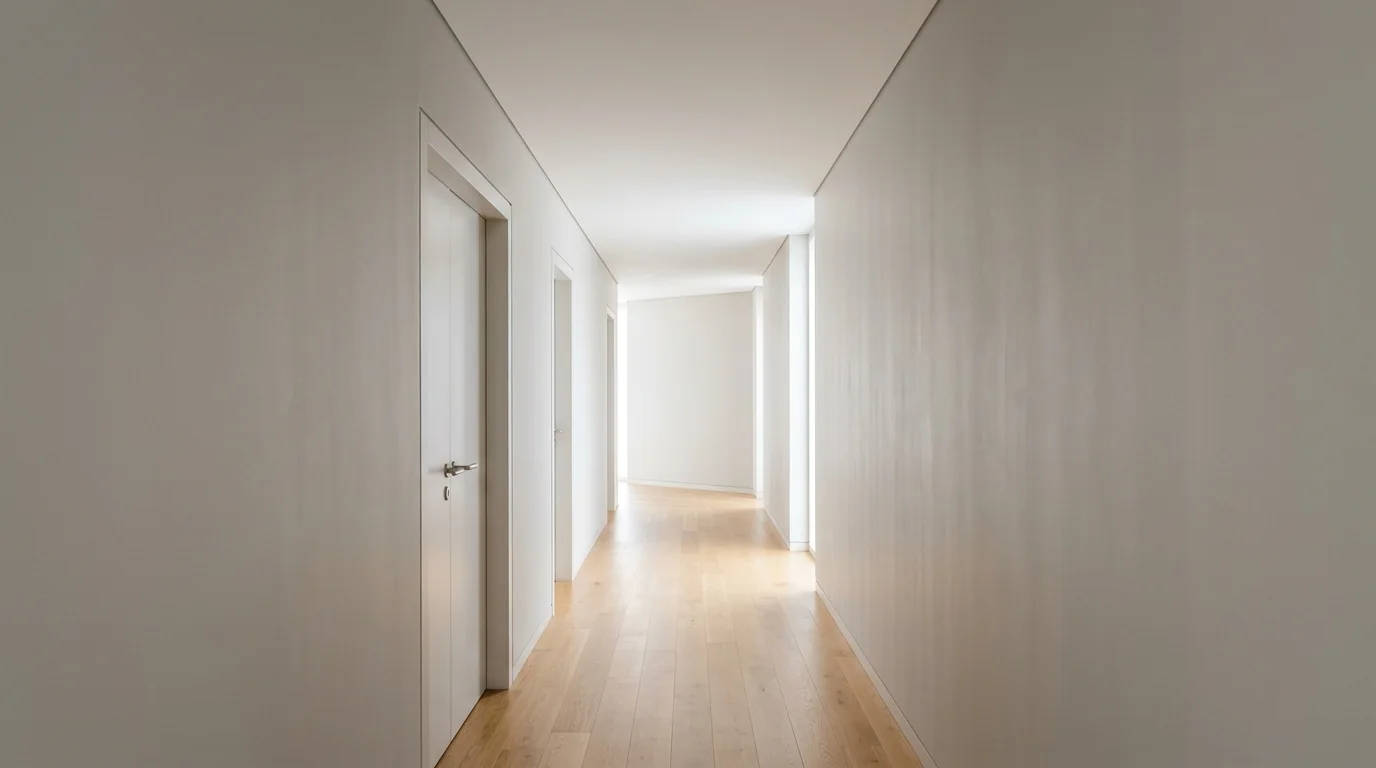 A finished residential hallway with a smooth, closed ceiling and neutral walls, illuminated by daylight.